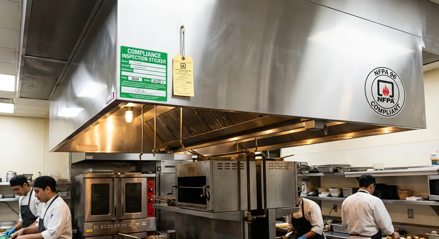 Commercial kitchen hood with compliance inspection sticker