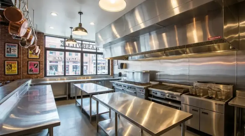 Clean commercial kitchen hood and cookline