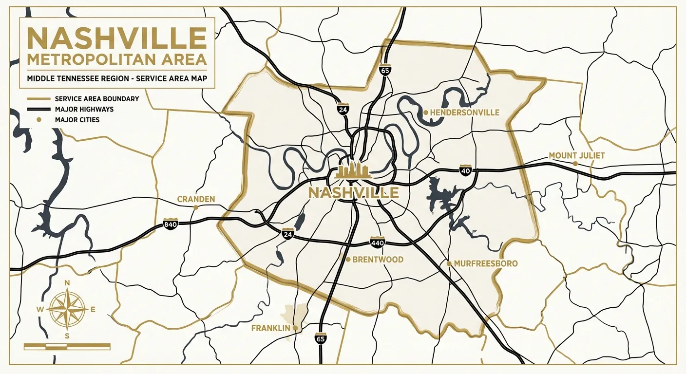 Nashville Hood Cleaning Pros service area map showing Middle Tennessee coverage