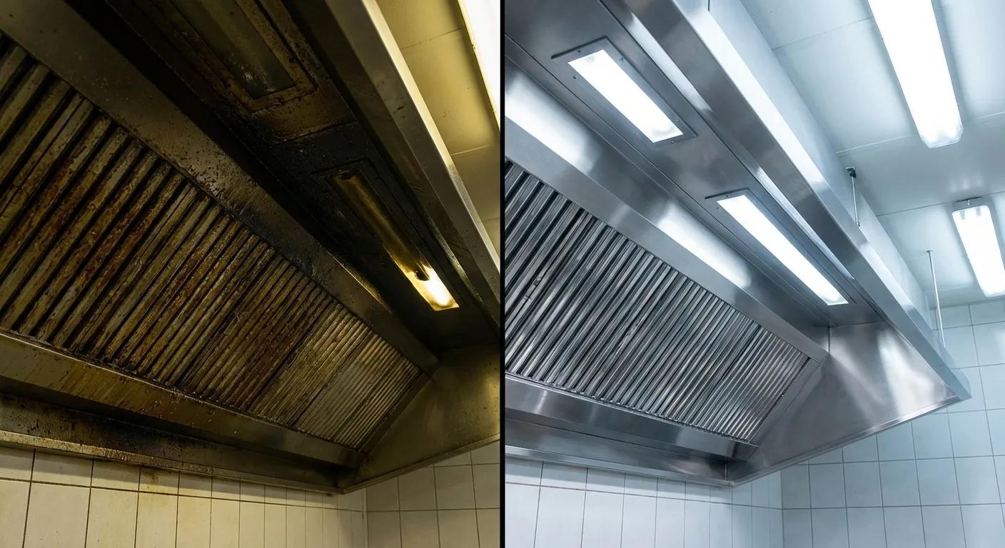 Before and after hood cleaning comparison showing grease removal results