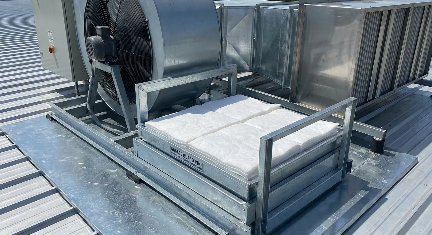 Close up of rooftop grease containment pads on a commercial kitchen fan