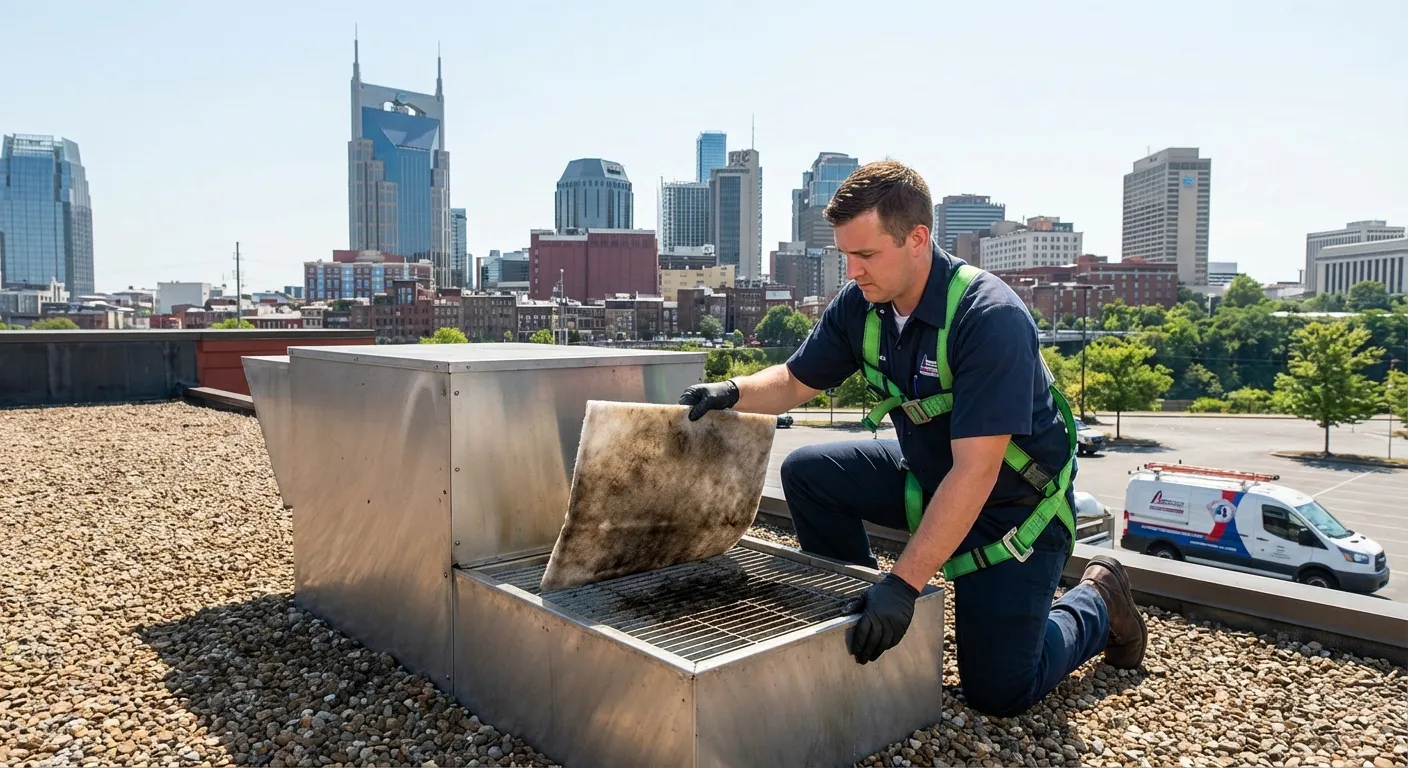 Nashville Hood Cleaning Pros technician inspecting a rooftop grease containment system